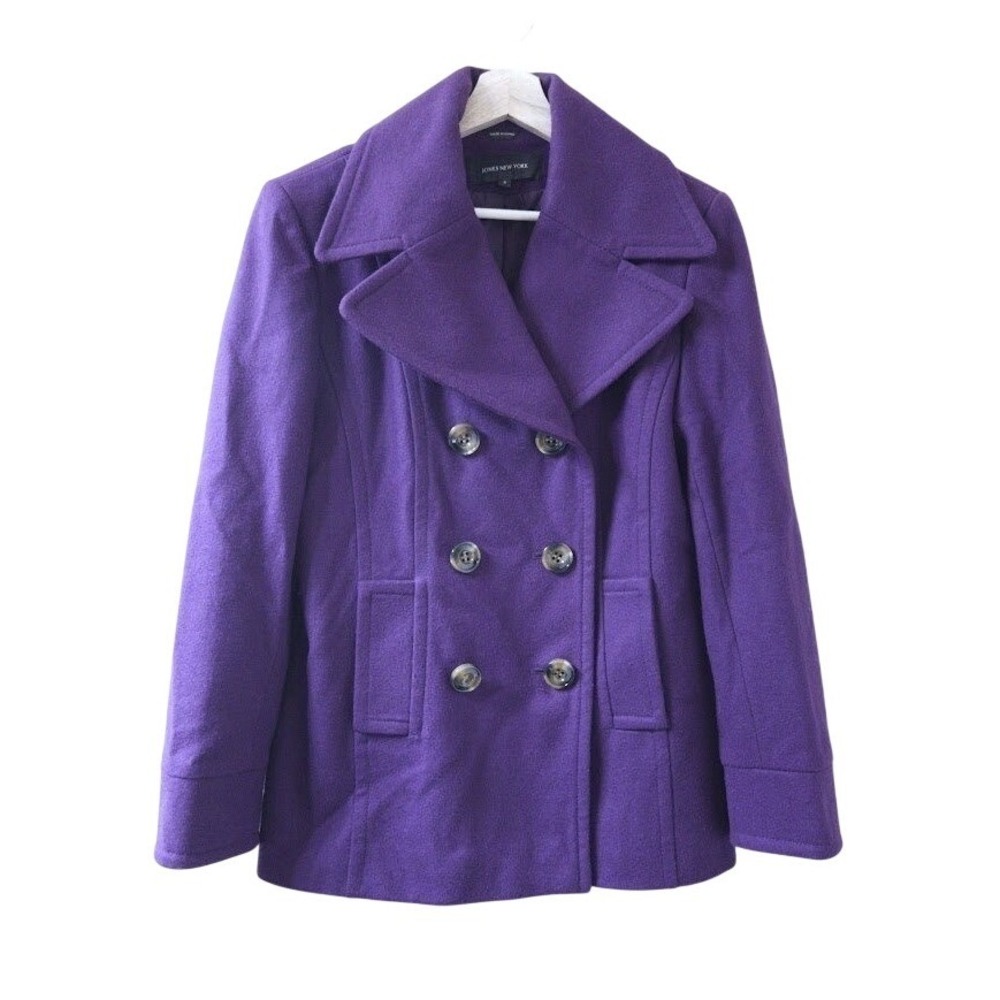 JONES NEW YORK Women Purple Wool Blend Double‎ Breasted Peacoat Size 8